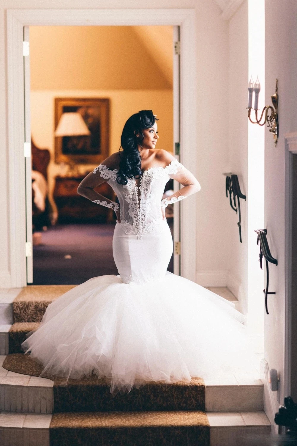 

African Plus Size Wedding Dresses Sexy Mermaid Long Sleeve Backless Lace Off Shoulder Bridal Wedding Gowns Custom Made Vestidos