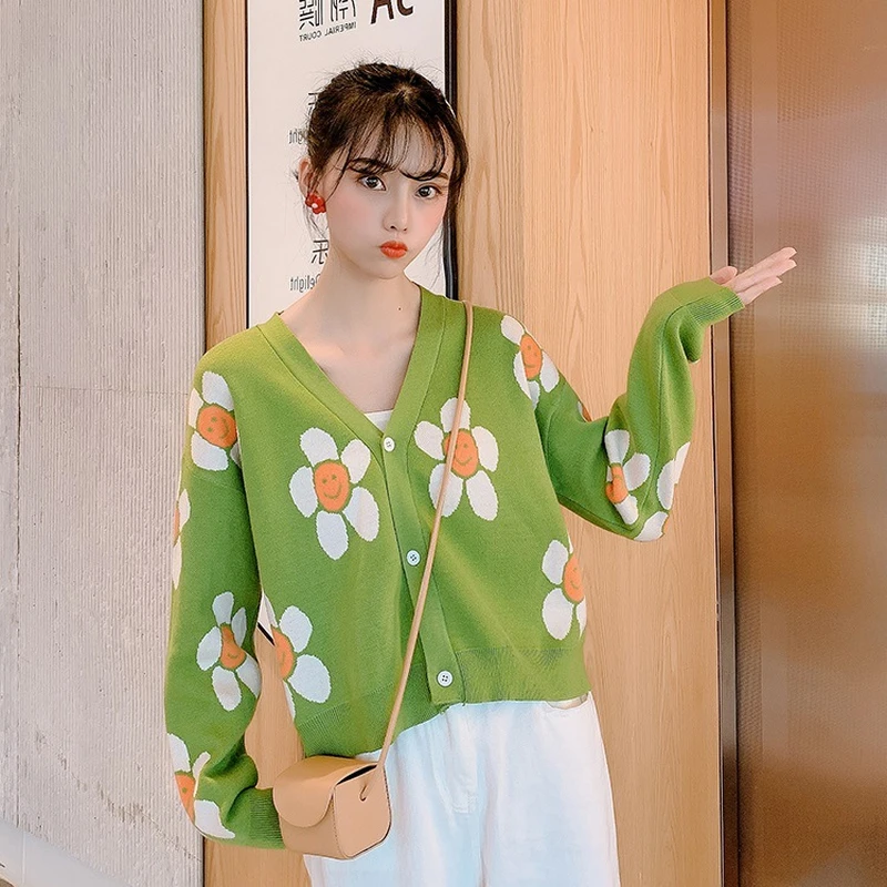 Женский вязаный кардиган с цветочным принтом свободный элегантный укороченный