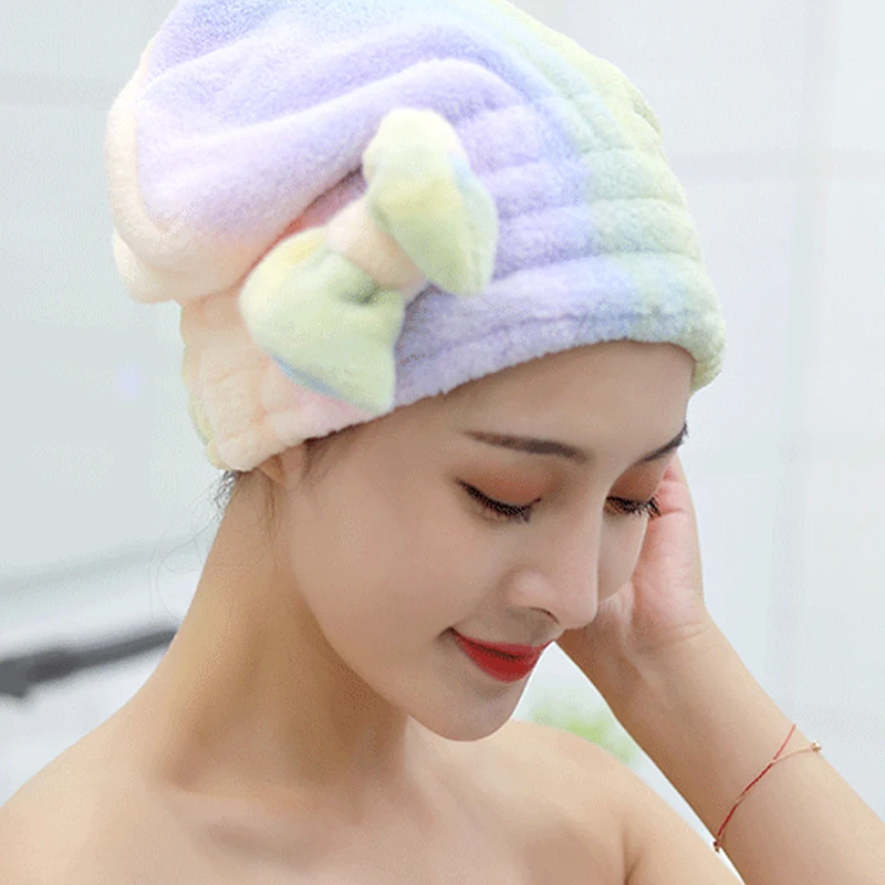 

1 Pcs Quick-drying Hair Cap Colorful Super Absorbent with Bowknot for Women Bath Accessories Dry Hair Towel