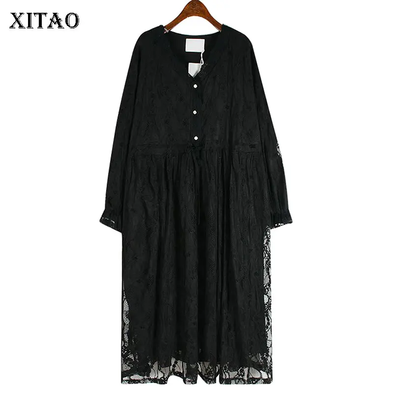 

XITAO однотонное кружевное платье с завязками, Бандажное Свободное платье с v-образным вырезом, большой размер, пуловер для женщин, весна 2022, но...