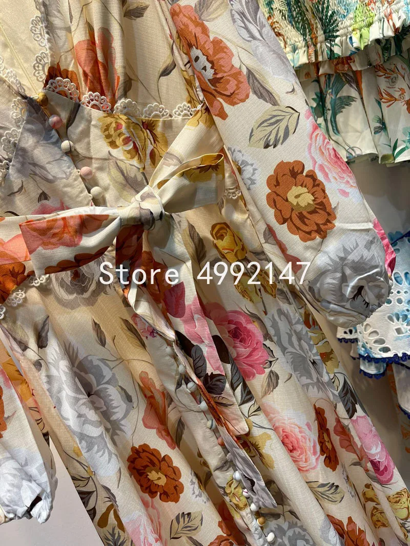 

2021 summer new sexy bohemian v-neck lace patchwork buttons belt holiday beach maxi dress women long lantern sleeve dress Y610