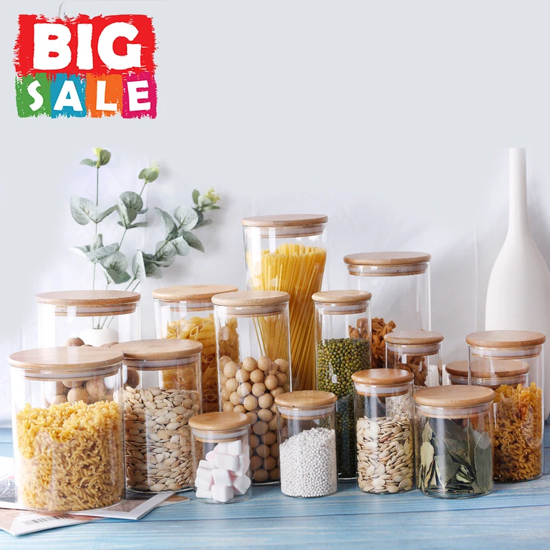 

Mason Glass Jar Spice Bamboo Glass Container with Bamboo Lid Kitchen Sealed Storage Jar Tea Caddy