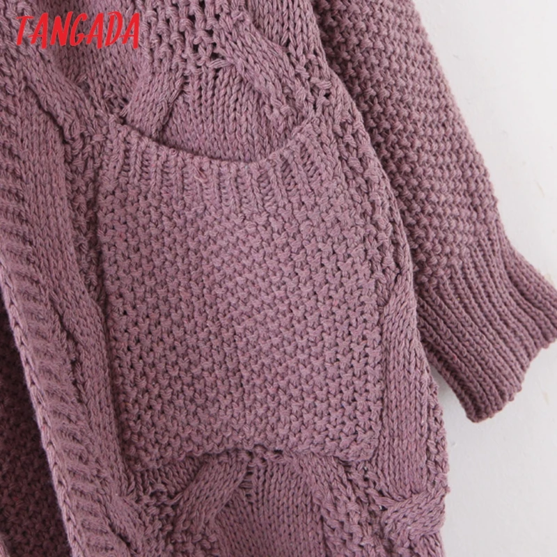 Tangada зимний женский фиолетовый длинный вязаный кардиган пальто Винтажный стиль карман длинный рукав женский толстый свитер SL05
