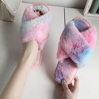 2020 women home slippers rainbow winter warm shoes woman slip on flats slides female faux fur slippers