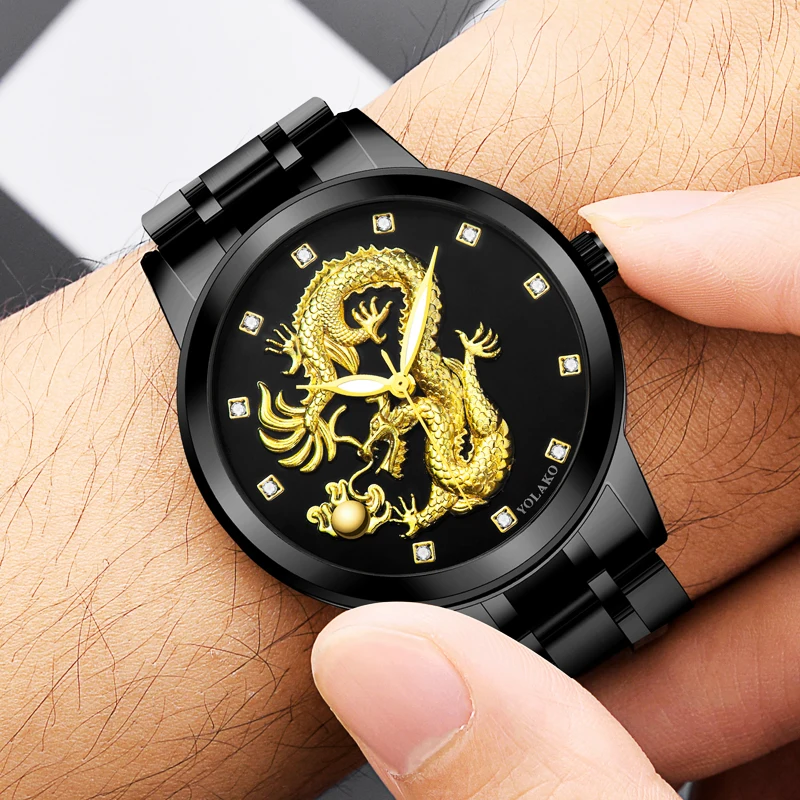 

Fashion Mens Stainless Steel Watches Luxury Men Golden Dragon Sculpture Quartz Wristatch Male Business Casual Watch Reloj Hombre