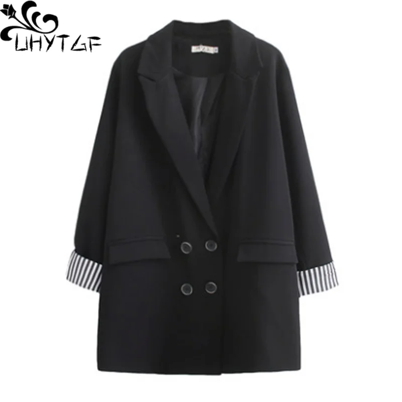 Женская двубортная куртка UHYTGF черная весенняя средней длины большие размеры до