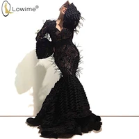 arabia black mermaid evening dresses long sleeve feather robes prom party gowns vestido de festa