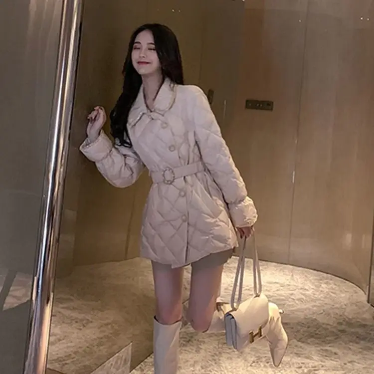 

2021 Winter Korean Fashion Thick Cotton Padded Parkas Jacket New Women Elegant Coats Ladies Female Pearl Button Elastic Waist