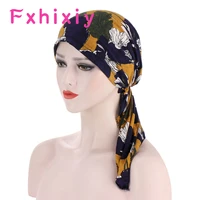 bohemia muslim long tail headwear turban elastic cotton head scarf chemo hat turban pre tied flowers printed headwear