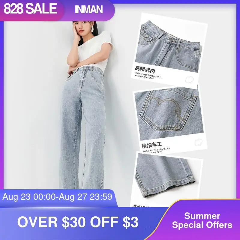 Джинсы женские свободные INMAN прямые штаны из потертого хлопка с высокой