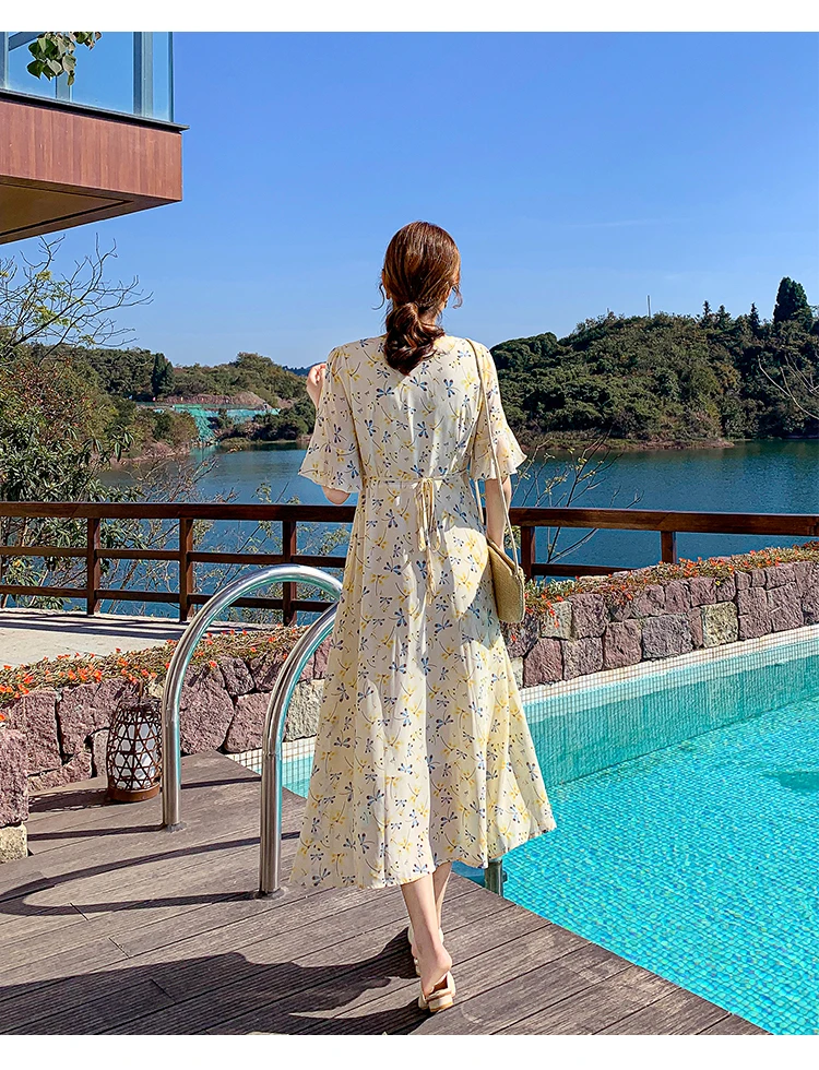 

Women's Dresses Chiffon Casual Dress New Korean Fashion Print A-LINE Lady Button V-Neck Mid-Calf Short Sleeve Dresse Houthion