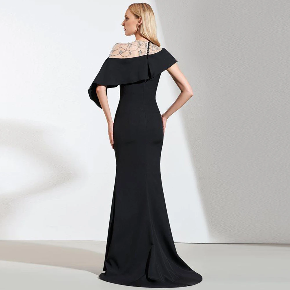 

Elegant Black Mermaid Party Evening Dress 2021 Off the Shoulder Short Sleeves Sequined Beadings Long Prom Gowns