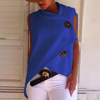 

Korean Unicorn 2020 Cotton Regular Broadcloth Solid New Women's Top Design Sense Big Button Irregular Sleeveless T-shirt Woman