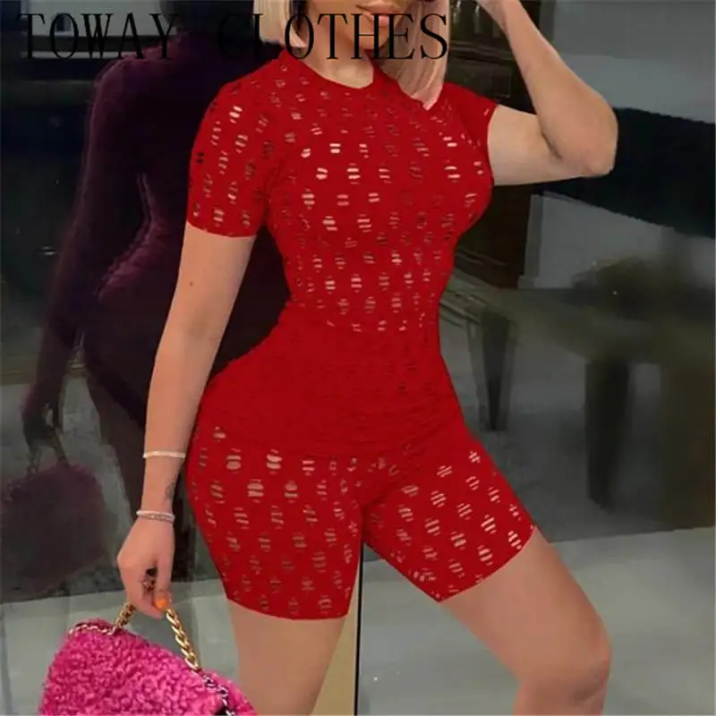 

Summer Women Solid Round Neck Short Sleeve Hollow Out Short Sleeve Top & Shorts Set Two Piece Suit