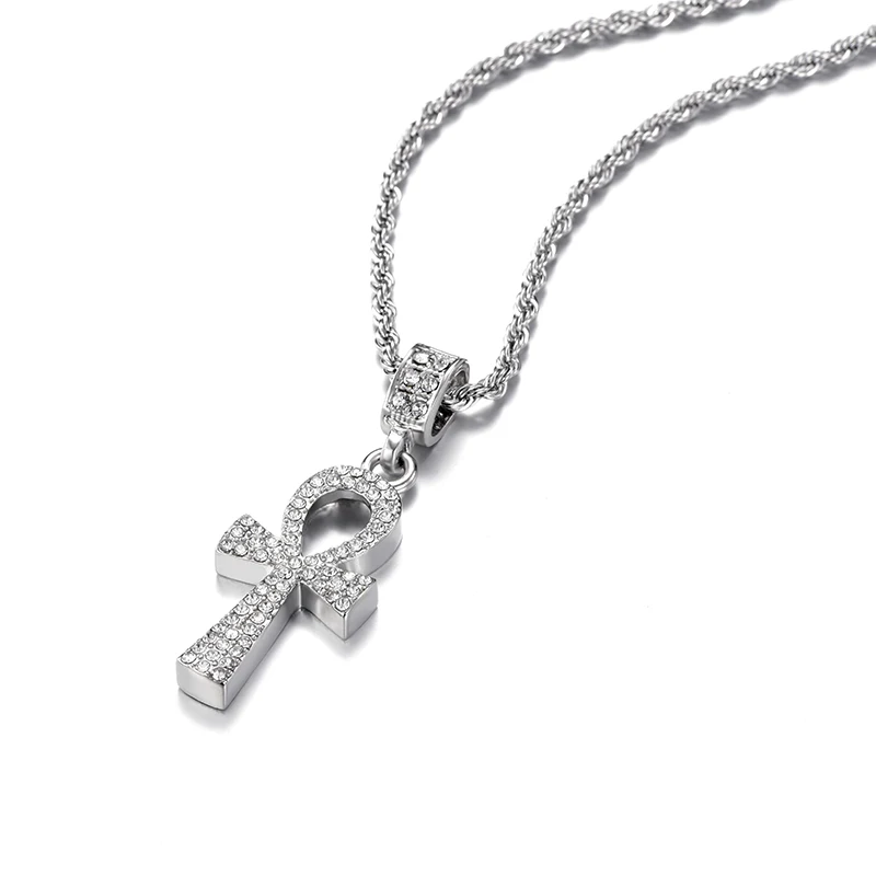 Silver 3MM30inch Египетский АНХ подвески, ожерелья мужской кулон в виде креста Веревка Цепь ключ жизни Bling льдом горный хрусталь ожерелье хип хоп ювелирные изделия - Окраска металла: Silver 3MM30inch