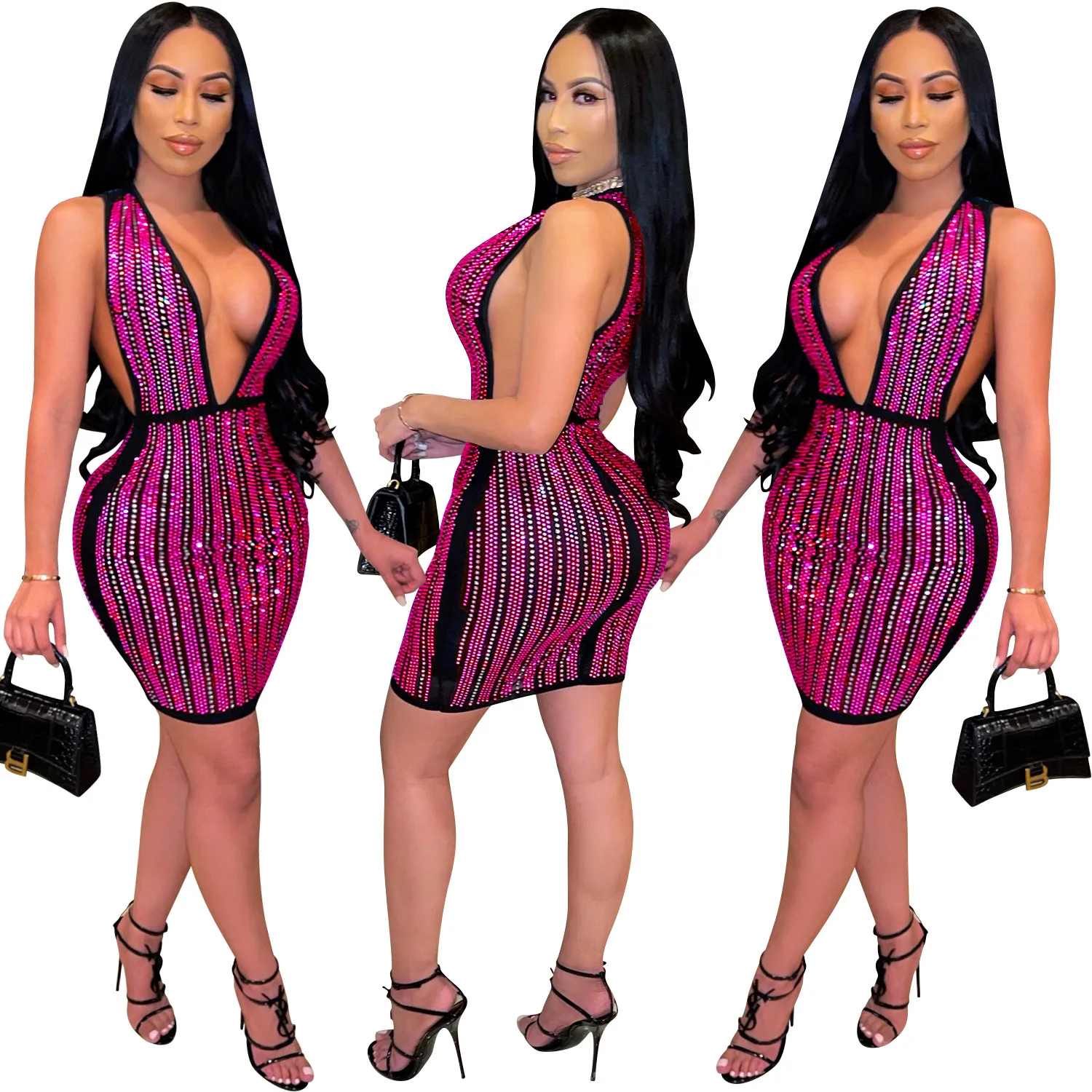 

Fashion Sexy Deep V Sleeveless Dresses For Women 2021 Elegant Summer Sequin Dress Hot Rhinestone Club Wedding Plus Size Skirt