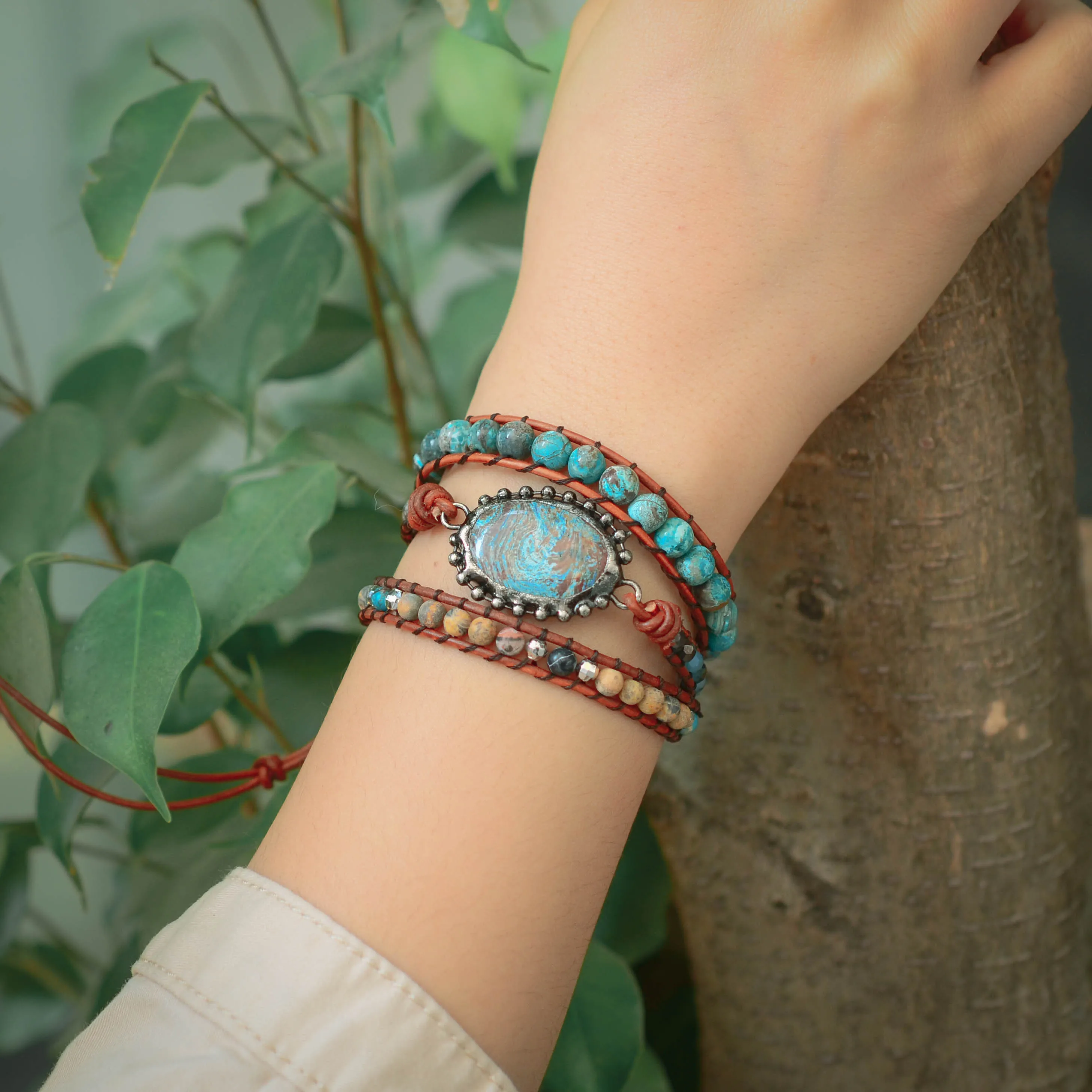 Бохо ручной работы океан яшма 3X Обертка Браслет Винтаж кожаный браслет Прямая