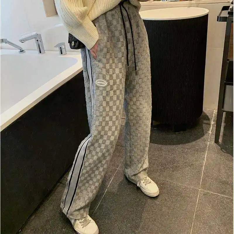 

Plaid Straight Pants Grey Casual Sweatpants for Women's Trousers Autumn and Winter 2020 Harajuku Vintage