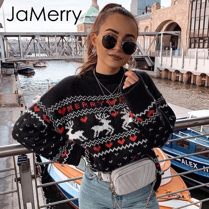 JaMerry, винтажные Рождественские свитера для женщин, с длинным рукавом, Осень-зима, с принтом оленя, вязаный женский пуловер, шикарный топ, джемпер
