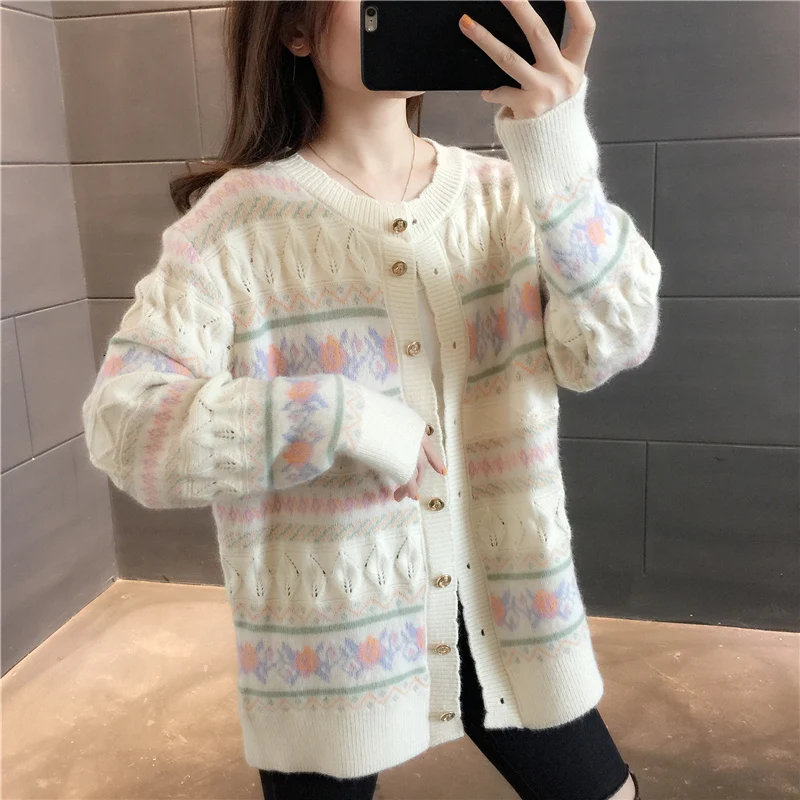 

Room 207496, 8 under 7 】 make round collar stripe geometry color matching knitting cardigan 59 [3002]