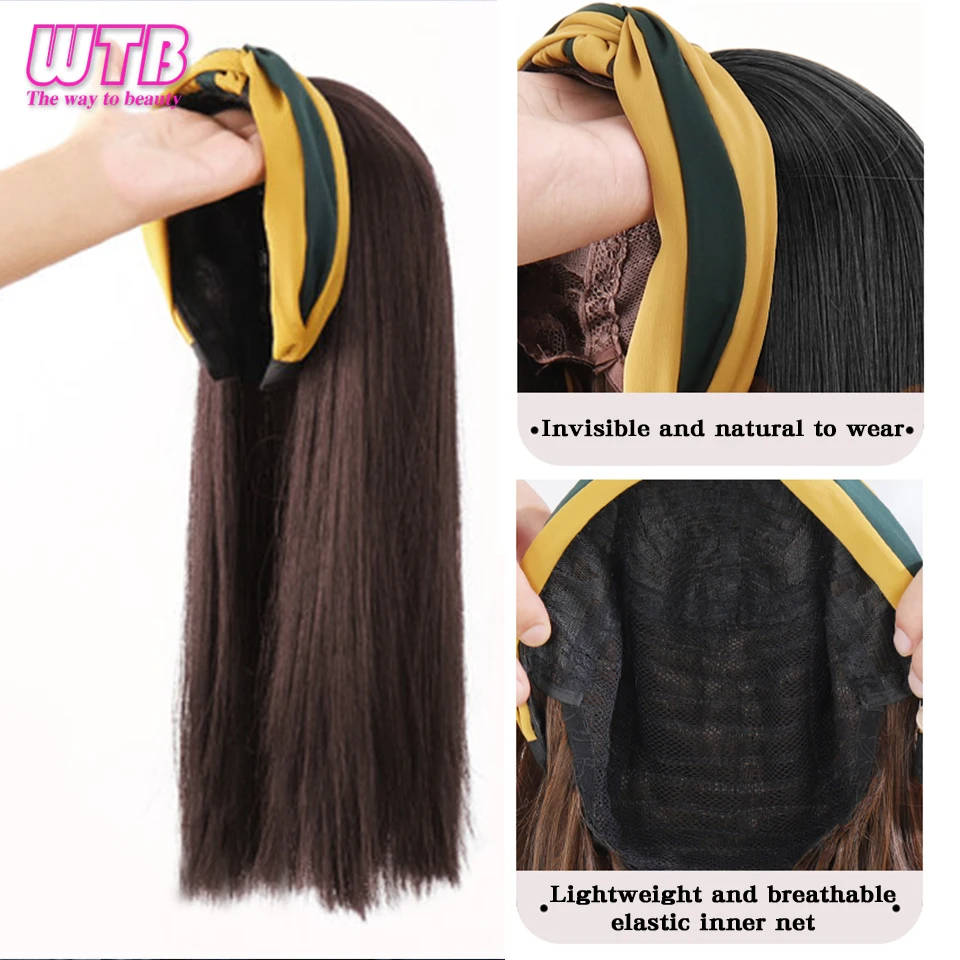 

WTB Synthetic Short Clavicle Half Wig with Air Bangs Hair Band Hair Accessories Connect Naturally U-Part Wigs Straight False
