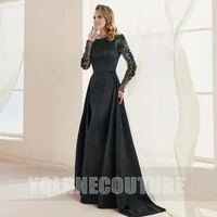 yqlnne turkish black long sleeve evening dresses full covered satin 3d flowers crystals beaded muslim women mermaid gowns party