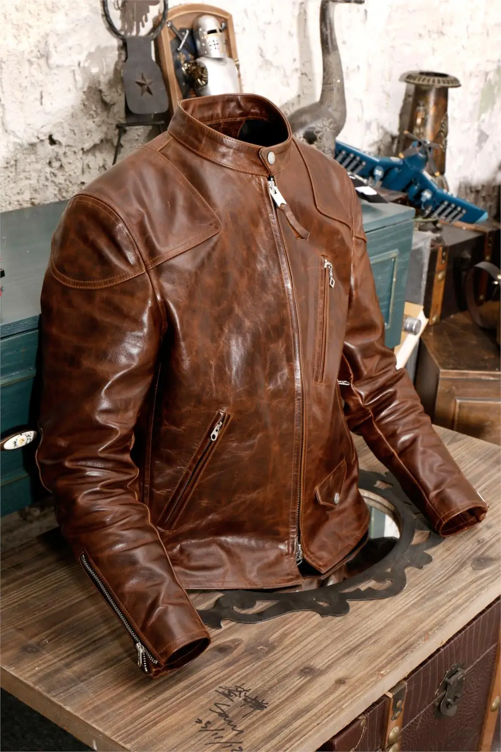 

May Kaji Oil Wax Cowhide Stand Collar Biker Jacket Japanese-style Retro Men Genuine Leather Clothes Genuine Leather Venom