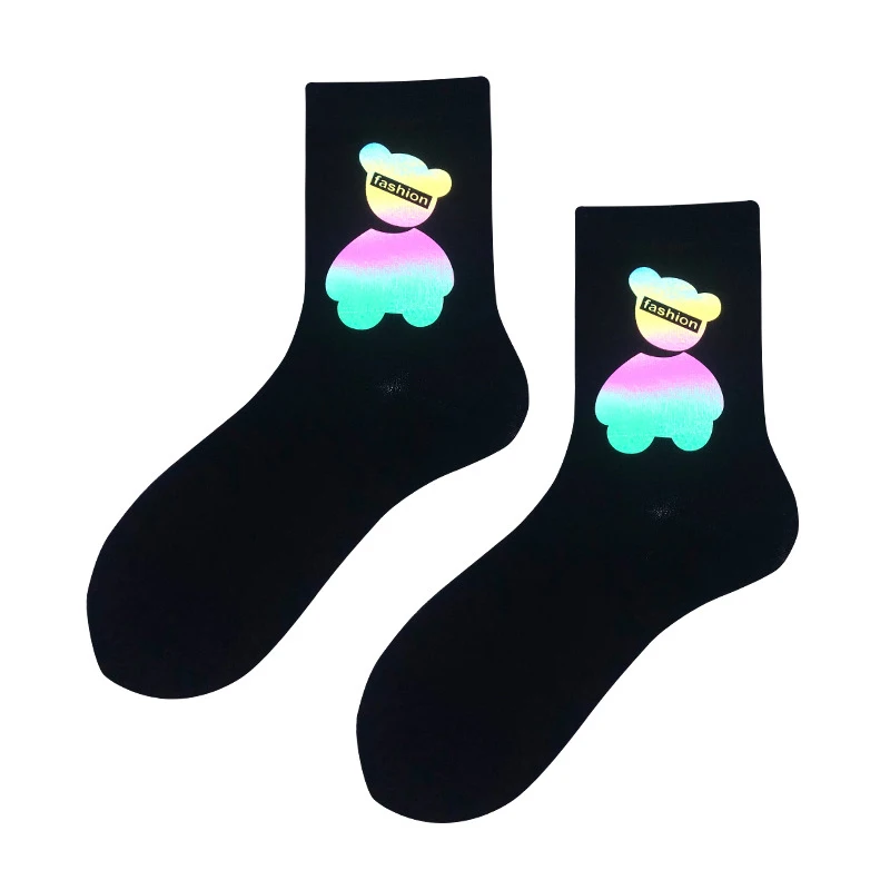 

Japan Harajuku Night Reflection Light Socks Cartoon Pattern Street Style Hip-Hop Skateboard Black Reflective Funny Cotton Socks