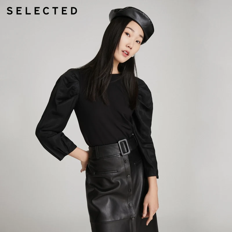 

Женский трикотажный свитер с круглым вырезом и рукавами-фонариками