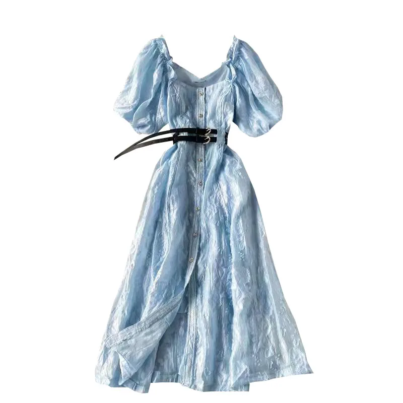

square collar dress summer wind new French grace show thin waist over-the-knee length restoring ancient ways