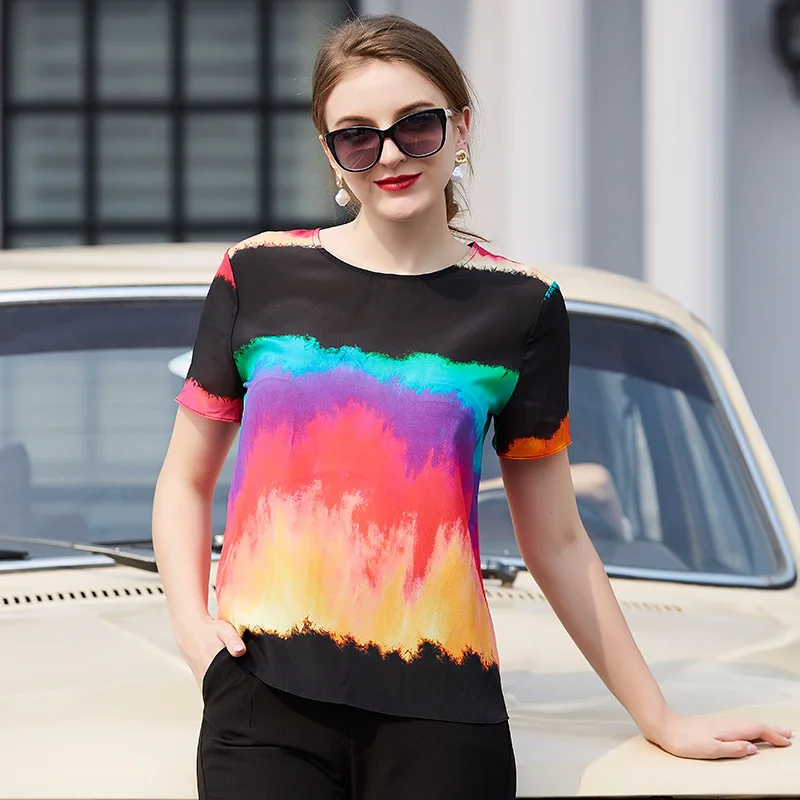 

Silk short-sleeved T-shirt 2021 summer new slim and thin, with rainbow color heavy silk blouse women