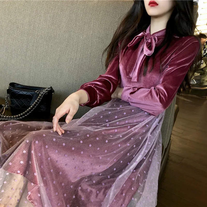 Новинка 2020 года. Женские вечерние платья в горошек. Бархатные сетчатые лоскутные