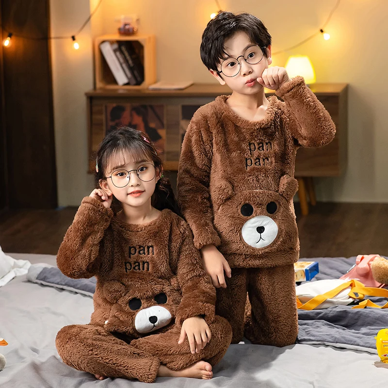 Flannel Baby Girls Sleepwear Children Warm Pajamas Set Toddler Boy Coral Fleece Pyjamas Kids plush Pijamas Winter Clothes 2pcs