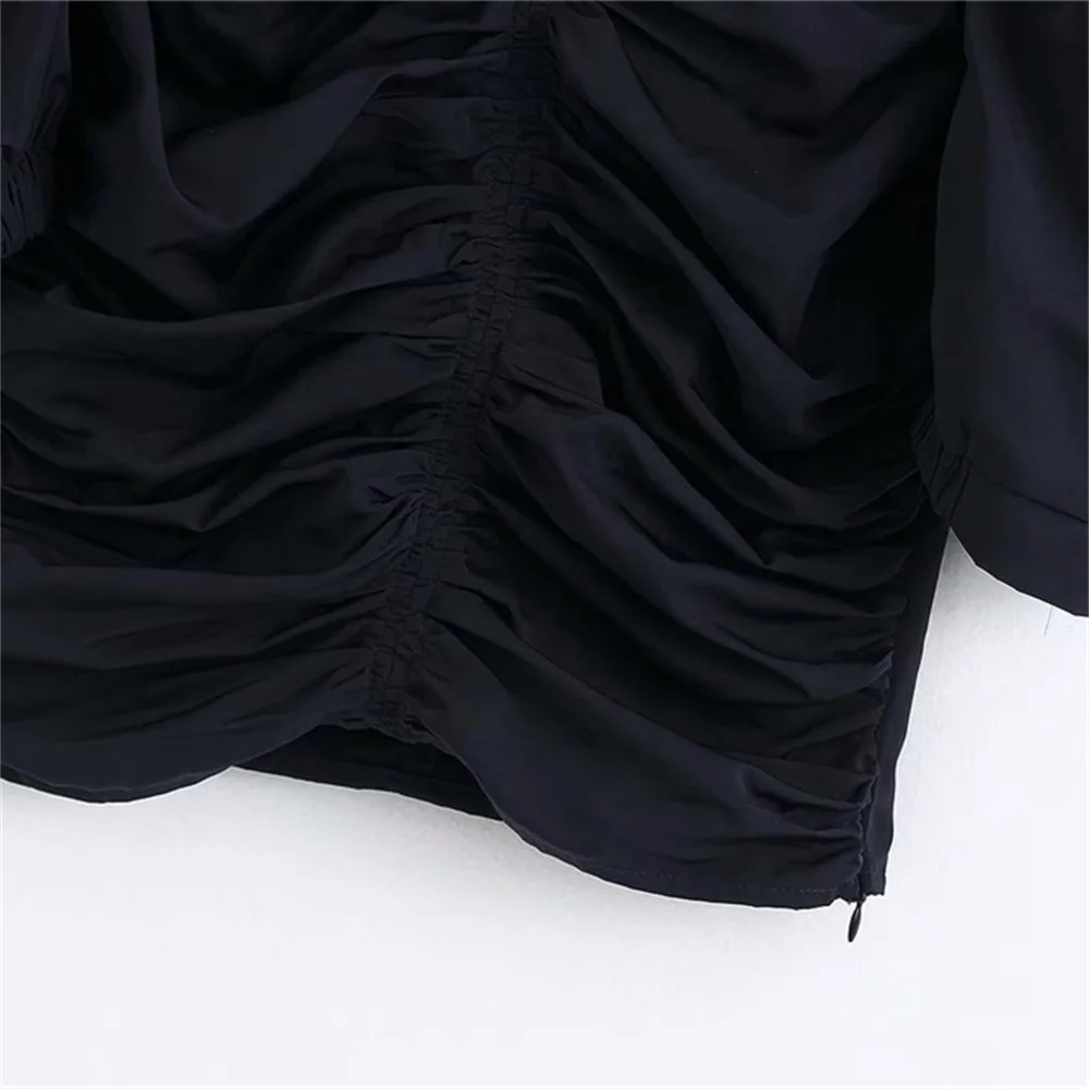 

2020 spring and summer women's new retro square collar bubble short-sleeved shirt drawstring pleated casual short shirt