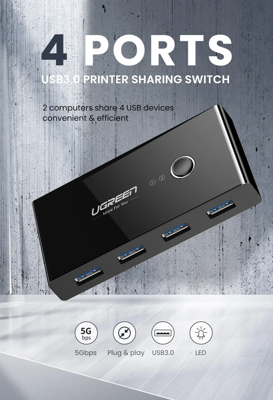 Ugreen KVM переключатель USB 3,0 2,0 USB Переключатель Селектор 2 порта ПК обмен 4 устройства для клавиатуры мышь Сканер Принтер Kvm переключатель