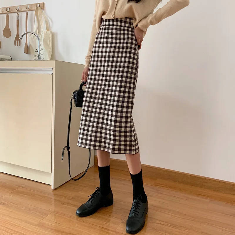 Элегантная клетчатая трикотажная Женская юбка-свитер 2020 осень-зима Эластичная
