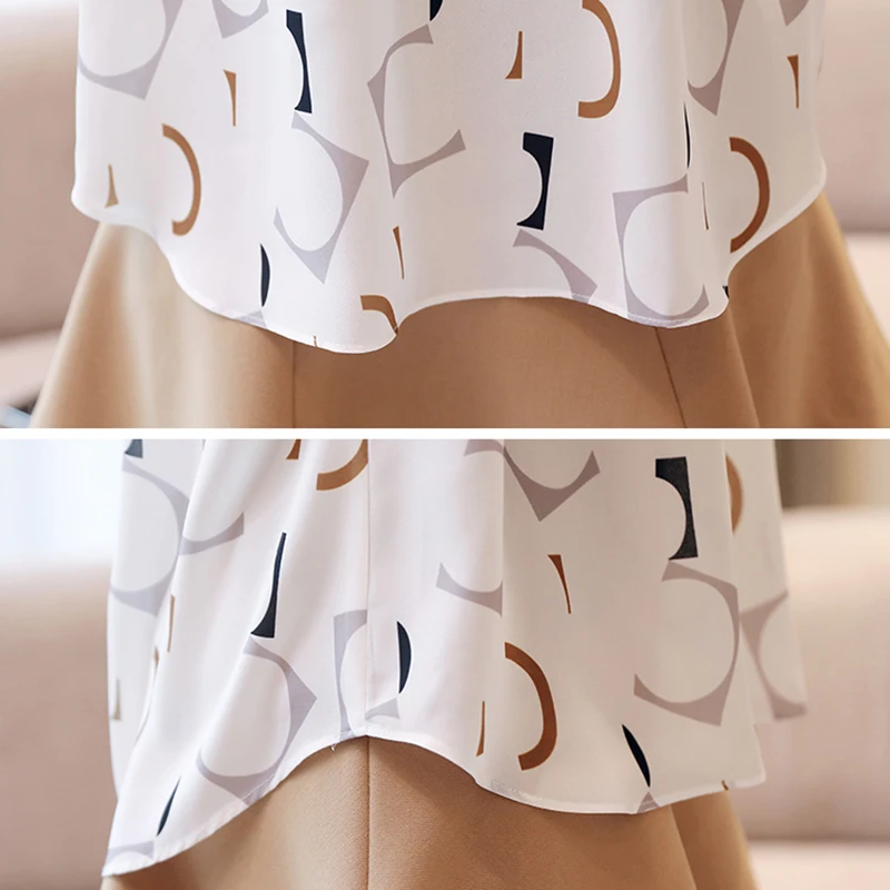 Модные шифоновые женские блузки с принтом тонкий пуловер круглым вырезом белая