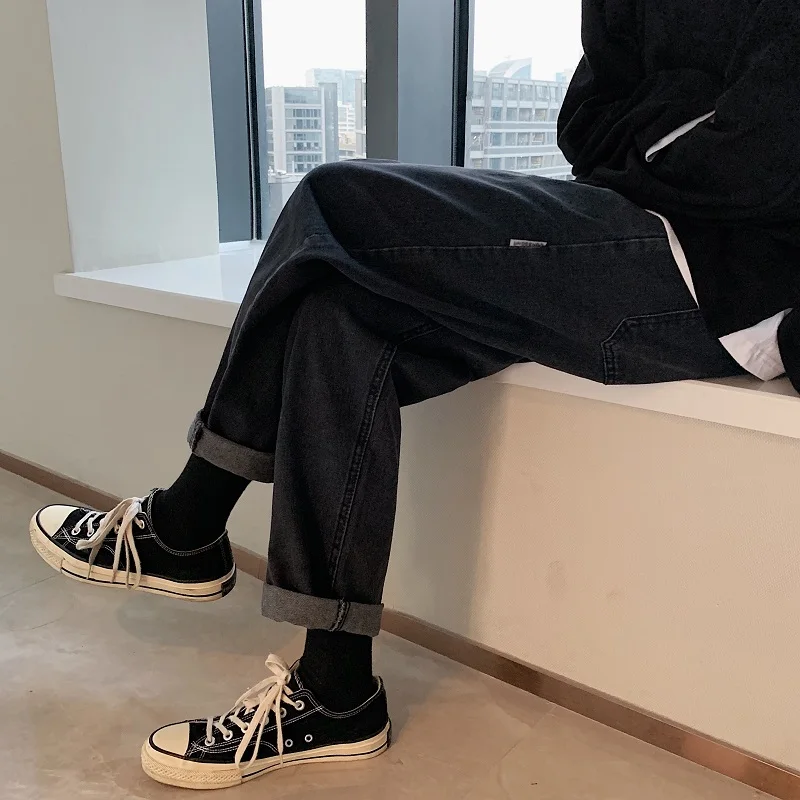 

Solid Jeans Men Straight Daily Teenagers Korean Style Large Size S-3XL Unisex Chic Trousers Elastic Waist Loose Spring 2021 New
