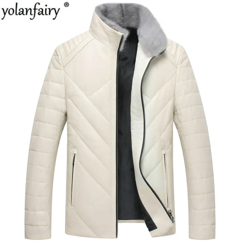 Зимняя мужская куртка из натуральной кожи с норковым меховым воротником и утиным