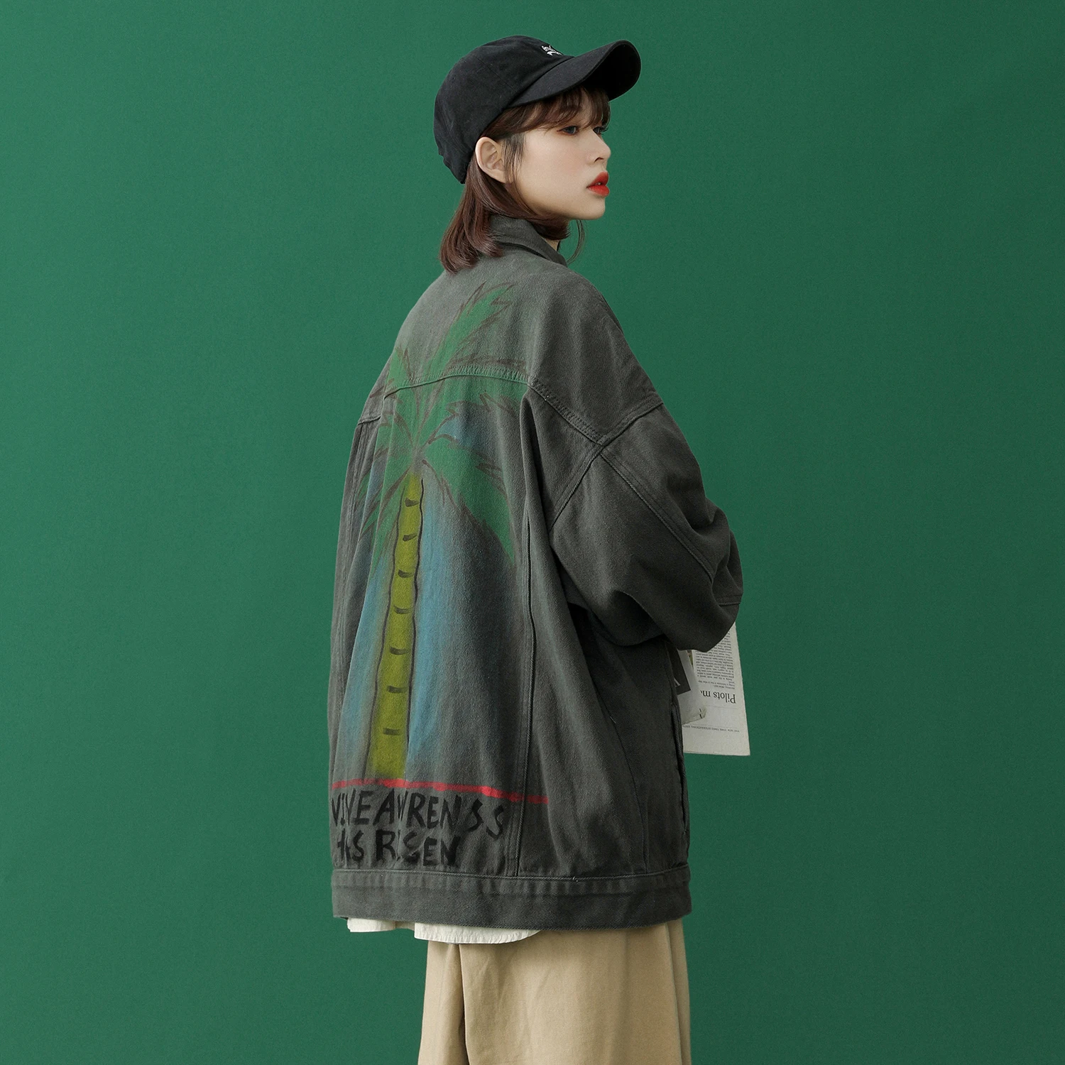 Женская джинсовая куртка с принтом кокосовой пальмы Повседневная Свободная