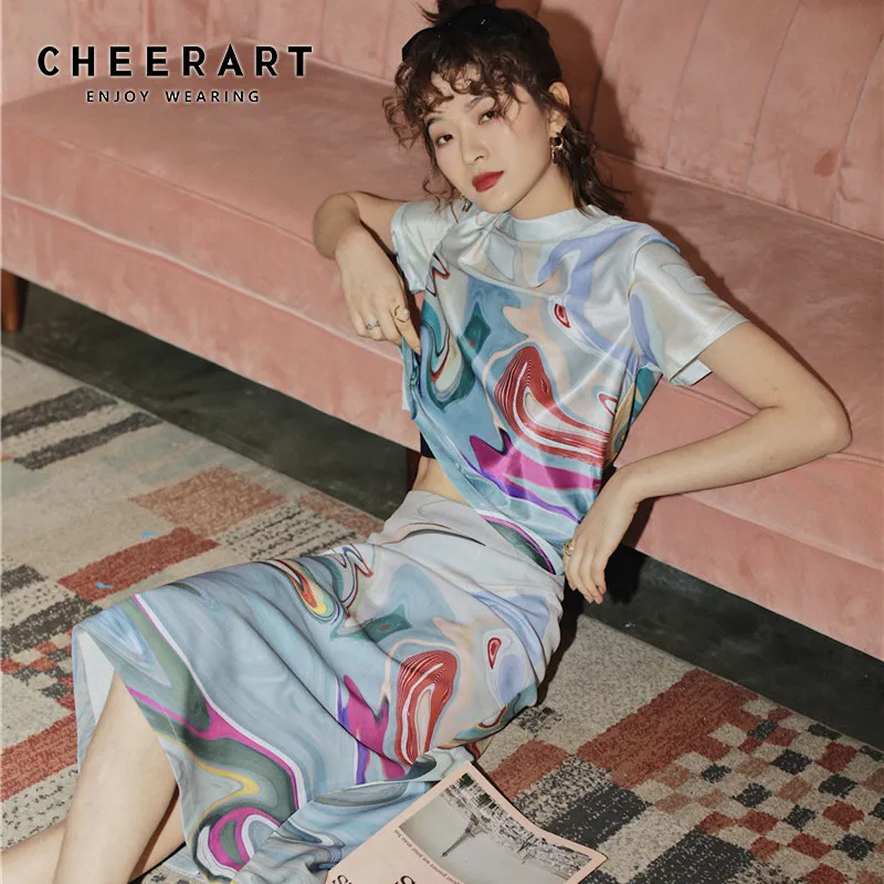

CHEERART Aesthetic Print High Waist Long Skirt Womens Summer Wrap Back Slit Skirt Fashion Ladies Bodycon Skirt 2020