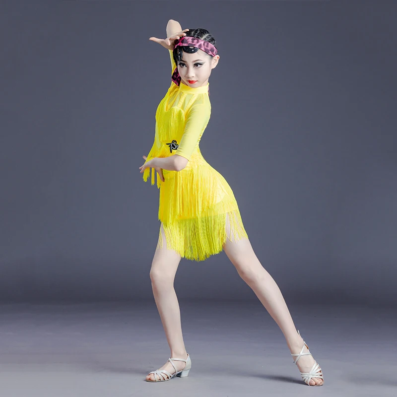 

Женское платье для латиноамериканских танцев, желтое танцевальное платье с бахромой и коротким рукавом, костюм для соревнований