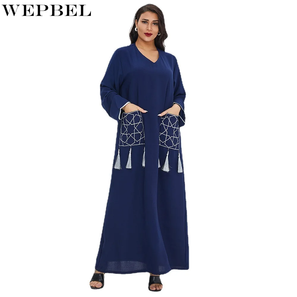 

WEPBEL Muslim Robe Women's Casual Pocket Stitching Loose Dress Spring and Autumn Fashion Tassel V-neck Long Sleeve Robe