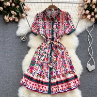 new 2021 women summer shirt dress flower printed oversize lace up bow tie midi dress button up ruffle loose office lady dresses