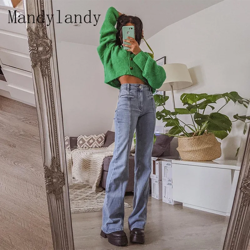 

Mandylandy Women Sexy Skinny Denim Pants Lady Mid Waist Star Patchwork Jeans Female Slim Fit Denim Flare Trousers