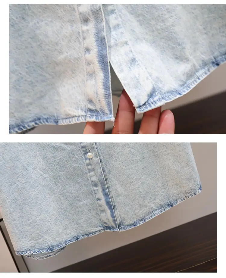 

Plus Size Hollow Out Women's Clothing Summer New Lace Print Patchwork Denim Embroidered Hooded Mid-Length Short-Sleeved Shirt