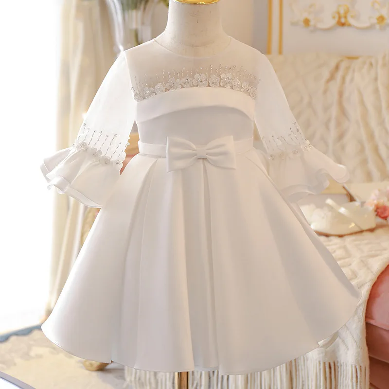 

2021 White Elegant Flower Girl Dress Children Birthday Baptism Dresses For Kids Bow Frocks Boutique Wedding Party Wear Clothing