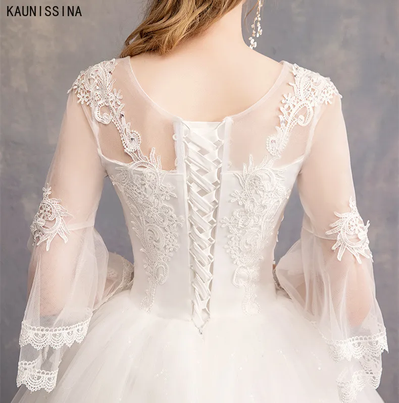 

KAUNISSINA Vintage Wedding Dresses O-Neck Three Quarter Sleeve Appliques Tulle Cheap Marriage Dress Women Long Bridal Gowns