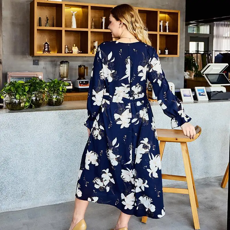 2019 осень размера плюс для женщин Цветочный принт платье повседневное длинное в