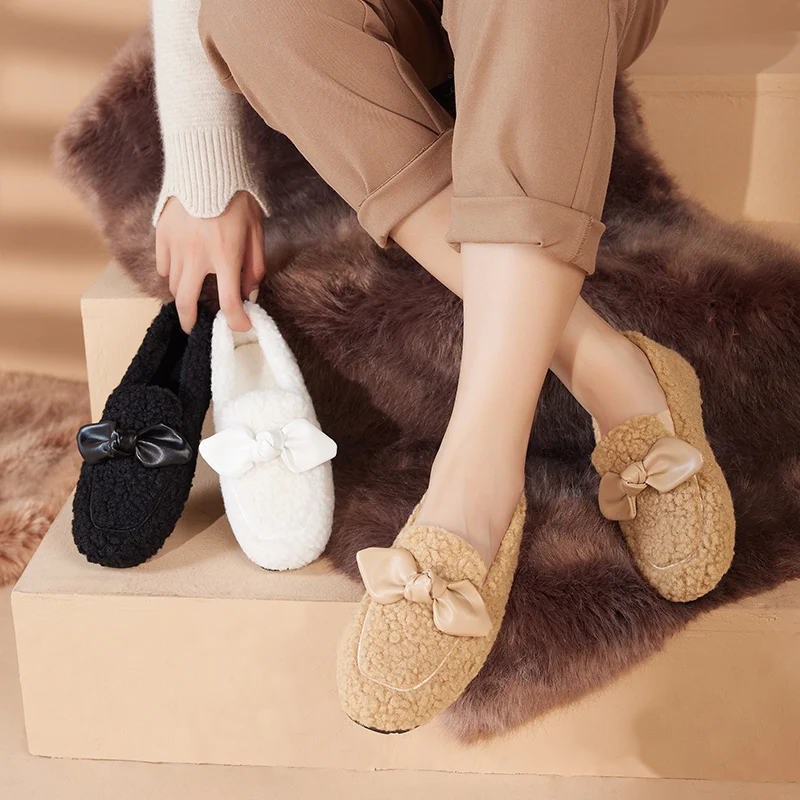

Moccasin Shoes Autumn Round Toe Loafers Fur Casual Female Sneakers Bow-Knot 2021 Fashion Women's Moccasins New Fall Winter Butte